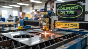 Laser cutter in action at a metal shop with ‘Tariff-Free Zone’ label and on-time project plan in background