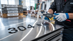 Brushed 304 #4 stainless steel sheet and finished parts stacked in a metal fabrication shop