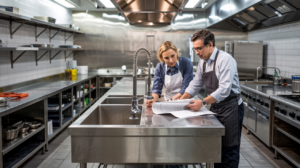 Stainless steel kitchen equipment fabricated for a commercial kitchen including tables, sinks, and wall cladding