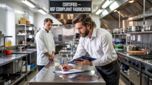 “Health inspector reviewing stainless kitchen equipment for compliance in a commercial restaurant environment.”
