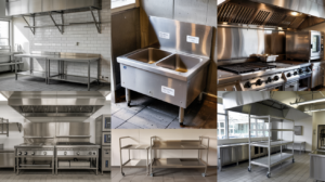 Five examples of stainless steel restaurant equipment fabricated by RJ Metals including table, sink, and wall panel