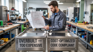 Comparison of two stainless prep table builds in a fabrication shop — one overbuilt, one optimized for cost.