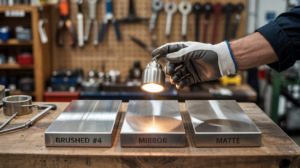 “Three stainless finish samples labeled brushed, mirror, and matte side by side on a fabrication bench.”