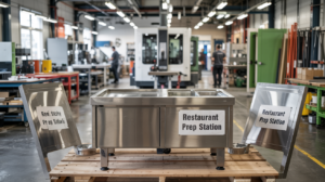 Stainless steel parts fabricated for various commercial uses including kitchens and architecture, displayed in a metal shop